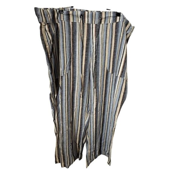 Naturals D&Co 1X Pants Wide Leg Linen Blend Blue Stripe‎ Pull On Drawstring - Picture 1 of 6
